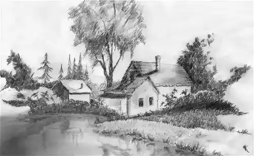 gambar arsiran pemandangan gunung