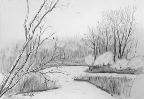 gambar arsiran pemandangan gunung