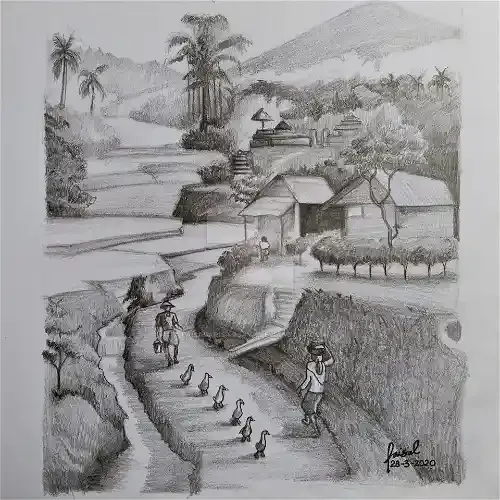 gambar arsiran pemandangan gunung