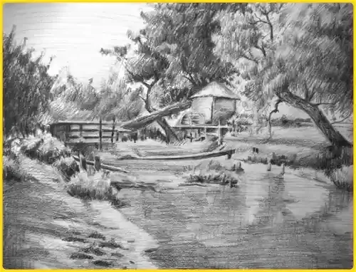 gambar arsiran pemandangan gunung