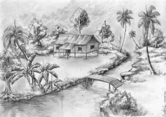 Kumpulan Sketsa Gambar Pemandangan Terbagus Lengkap 44 Sketsa Gambar Pemandangan